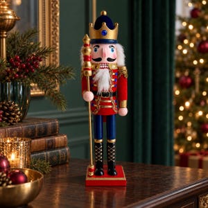 May include: A wooden nutcracker figurine wearing a gold crown with a blue gem, a red jacket with gold trim, and blue trousers. The figure has a white beard, black boots, and holds a tall gold staff. It stands on a rectangular red base.