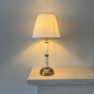 Rechargeable Table Lamp, Marble Cordless Bedside Lamp, Brushed Gold Lamp with White Pleated Shade, Kensington Lamp