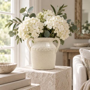 Handmade Cream Ceramic Amphora Vase, Double Handle Crackle Glaze, 22.5cm