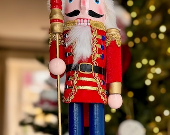 Large Hand Painted Red Velvet Wooden Nutcracker 38cm - Traditional Christmas Decoration