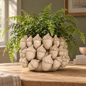 Maceta de cerámica con forma de bellota, maceta rústica de estilo bosque, decoración otoñal neutra para el hogar, maceta para plantas de interior estilo granja, 22,5 cm