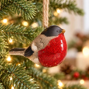 Handmade Ceramic Robin Christmas Bauble, Red-Breasted Bird with Twine Hanger, 8cm