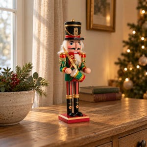May include: A wooden nutcracker figurine dressed in a green and red uniform with gold accents, wearing a black hat with a gold chain detail. The figure holds two drumsticks and a small drum, featuring a white beard and painted facial features.