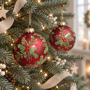 May include: Two round, matte-finish burgundy Christmas baubles hanging from gold strings. Each bauble features a hand-painted design of green holly leaves, pine needles, and small red berries, with a metallic gold cap at the top of each sphere.