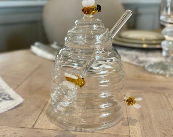 Glass Bee Honey Pot with Dipper