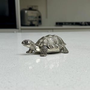 May include: A silver-toned metal turtle figurine with a detailed, textured shell and patterned skin on its legs and head. The turtle is depicted in a walking position with its head turned slightly to the left, showcasing a polished, reflective finish.