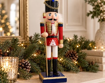 Handmade Wooden Nutcracker Soldier, Traditional Red Christmas Ornament, 25cm