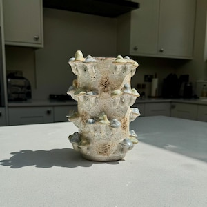 Könnte beinhalten: Eine zylindrische Keramikvase mit gesprenkelter beiger und brauner Oberfläche, die mit zahlreichen kleinen, dreidimensionalen Pilzskulpturen verziert ist, welche in einem sich wiederholenden Muster um den gesamten Körper angebracht sind.
