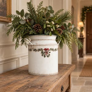 Metal Christmas Vase with Mistletoe, Double Handle Milk Churn Plant Pot, Farmhouse Festive Decor, 19cm