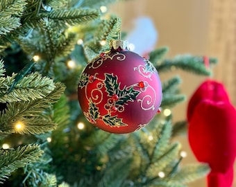 Red Holly & Berry Glass Christmas Bauble - Hand-Painted Festive Ornament