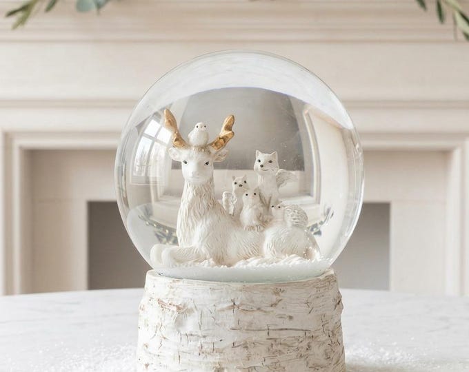 Forest Friends Snow Globe in White, Woodland Reindeer Christmas Decoration, Bark Base