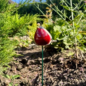 Puede incluir: Un estaca de jardín de cerámica con forma de petirrojo, con cuerpo redondeado, pecho rojo brillante, cabeza gris y un pequeño pico naranja, montado sobre una fina varilla metálica verde que sostiene la figura sobre el nivel del suelo.