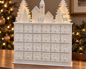 White Wooden Light-Up Advent Calendar, Christmas Village with 24 Drawers, 35cm