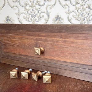 Solid Brass Square Drawer Knobs Set of 5 – Salvaged Heavy Cabinet Hardware, Pyramid Face