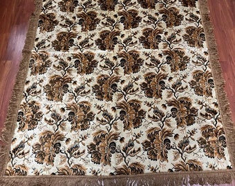 Vintage Shiny Silk Velvet Rug Blanket, Antique Floral Velvet Tablecloth, Plush Bedspread, Decorative Sofa Cover
