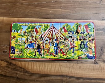 Large Vintage Tin Watercolor Paint Set with Antique, Themed Children Playing and Painting At The Carnival