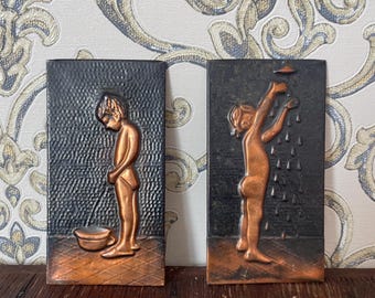 Vintage Antique 50's Copper Relief Decoration Shower Boy AND Peeing Boy Wall Art
