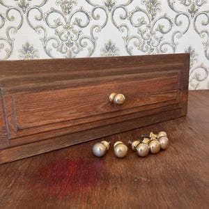 May include: A wooden cabinet door with two brass knobs and a set of six brass knobs. The cabinet door is a dark brown color with a rectangular design. The knobs are round and shiny.