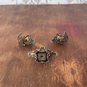 Set of 3 Vintage 1940s Floral Brass Knobs - Star Pattern Furniture Salvage