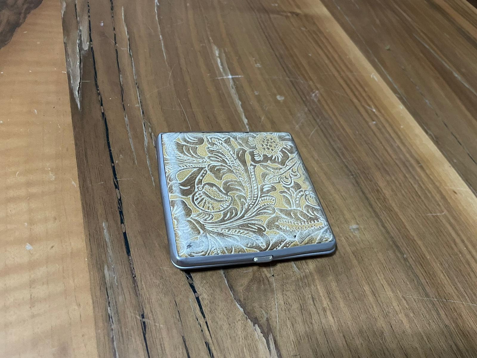 Vintage metal carved  colored mirror Cigarette box