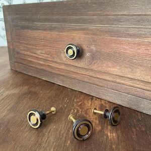Könnte beinhalten: Eine dunkelbraune Holzschubladenfront mit einem einzelnen runden Knopf in Schwarz und Gold. Drei weitere passende runde Knöpfe mit messingfarbenen Metallschrauben sind vor der Schublade auf einer Holzoberfläche platziert.