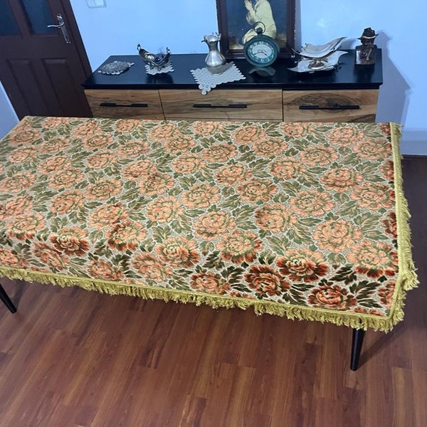 Vintage Shiny Silk Velvet Rug Blanket, Antique Floral Velvet Tablecloth, Plush Bedspread, Decorative Sofa Cover