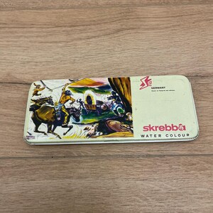 1950s Paint Box Tin with Western Lid Wagon Cowboys Indians, Children&#39;s Watercolors, Palette