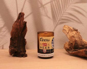 Coors Banquet Beer Bottle Candle: Upcycled Wood Wick Candle