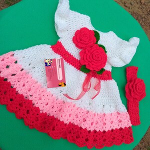 1 - 12 Months - Baby Girl Crochet Dress–Floral Frock with Headband-Colors Available-Handmade with Acrylic Yarn/Pure Cotton/Milk Cotton