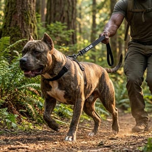 Może przedstawiać: Pies o umaszczeniu pręgowanym ma na sobie czarne szelki i jest przypięty do czarnej smyczy z białym napisem LOCK DOG. Smycz posiada metalowy karabińczyk oraz pętlę, co zapewnia bezpieczną kontrolę podczas aktywności na świeżym powietrzu.
