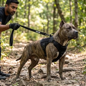 Może przedstawiać: Pies o umaszczeniu pręgowanym ma na sobie czarne szelki taktyczne z dopasowaną czarną smyczą. Na smyczy znajduje się biały napis LOCK DOG. Szelki posiadają regulowane paski, klamry oraz solidny metalowy pierścień w kształcie litery D do zapięcia.
