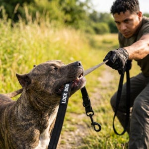 Może przedstawiać: Czarna smycz dla psa z prostokątną naszywką z białym napisem LOCK DOG. Smycz wykonana jest z wytrzymałej czarnej taśmy i zakończona metalowym obrotowym karabińczykiem, który umożliwia bezpieczne przypięcie do obroży lub szelek dla zwierzęcia.