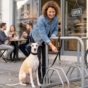Może przedstawiać: Czarna smycz dla psa z metalowym klipsem i białą etykietą z napisem LOCK DOG, przymocowana do metalowego stojaka na rowery. Smycz posiada solidną czarną obrożę noszoną przez jasnobrązowego psa siedzącego na chodniku przy metalowym mechanizmie.