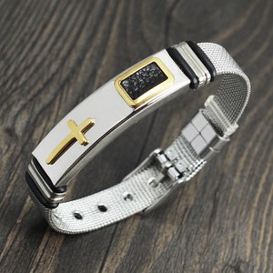 Christian Bracelet, Men&#39;s Crucifix Bracelet, Titanium Steel, Cross Bracelet, 9&quot; long & .4&quot; wide