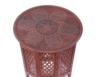 Sheesham Wood Octangle Hand Carved End Table  with Floral Hand Crafted Motifs - (Large Size) 18 Inch - Side table