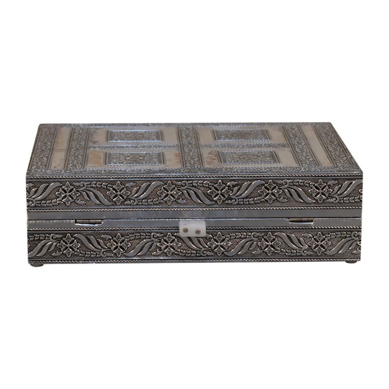 Elegantly Crafted Indian Silver Embossed Jewellery Box with Red Wine/Maroon Interior Cotton Velvet and Single Rod PERFECT GIFT image 6
