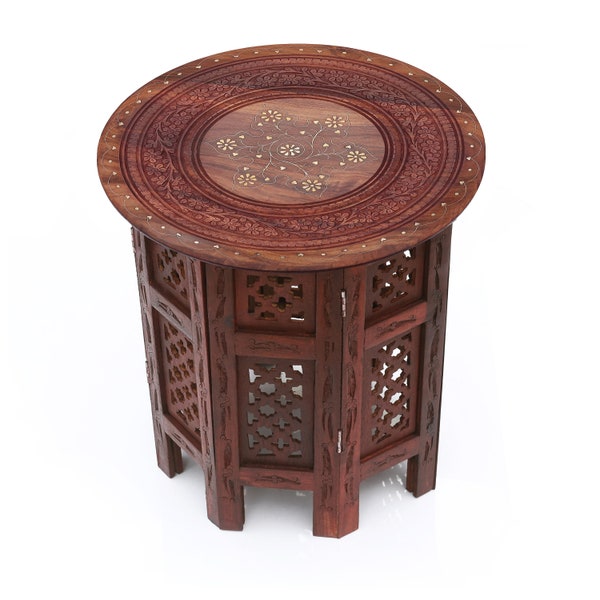 Sheesham Wood Octangle Hand Carved End Table with Brass Detailing - (Medium Size) 15 Inch