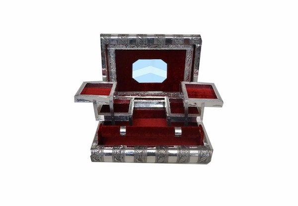 Indian Silver Embossed Jewellery Box with Red Wine/Maroon Interior Cotton Velvet and Single Rod
