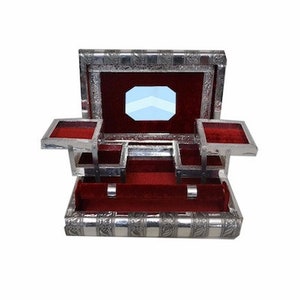Elegantly Crafted Indian Silver Embossed Jewellery Box with Red Wine/Maroon Interior Cotton Velvet and Single Rod PERFECT GIFT image 1