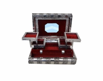 Caja de joyería con relieve de plata india, elegantemente elaborada, con interior de vino tinto/granate, terciopelo de algodón y varilla única, REGALO PERFECTO