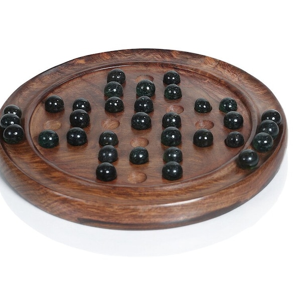 Solitaire Board Game with Marbles Classic Wooden Game, Indian Handcrafted Sheesham wood game good for mental development – 9 inches diameter