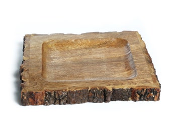 Small Natural Wood Tree Trunk Square Serving Plate with Bark Edge