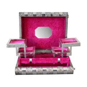 Indian Silver Embossed Jewellery Box with Fuchsia Pink Interior Cotton Velvet - Perfect gift