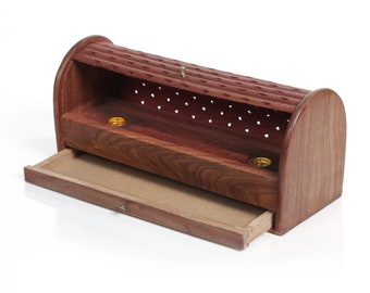 Wooden Carved Incense Holder Box with Shutter Lid and Storage Drawer