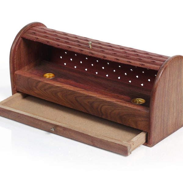 Wooden Carved Incense Holder Box with Shutter Lid and Storage Drawer