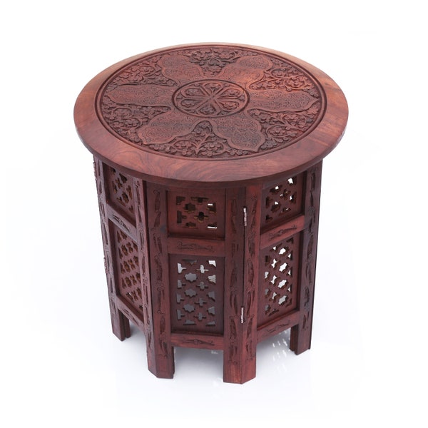 Sheesham Wood Octangle Hand Carved End Table with Floral Hand Crafted Motifs -  (Medium Size) 15 Inch