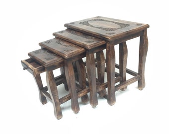 Mango Wood Hand Carved Nest of 4 Table Set with Brass Motif Detailing