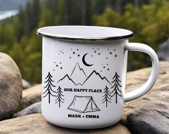 12 Ounce Personalized Couples Camping Mugs, Custom Tent Camp Mug, Custom Name Engagement Gift, Anniversary Gift,Mountain Campfire Coffee Cup