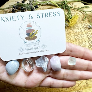 Anxiety & Stress Set Gemstones Gift for Balance,calming,meditation gift for Him gift for Her,Amethyst.Quartz.Angelite.Fluorite.Celestine.