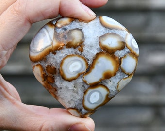 May include: A heart-shaped polished agate stone with a white and brown pattern. The stone has a smooth, polished surface and is a natural gemstone.